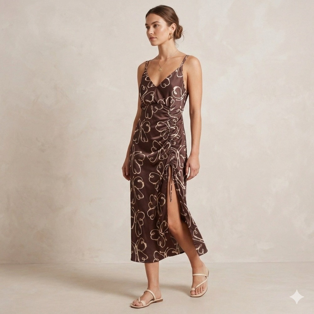 Y2K Urban Outfitters Womens Midi Dress Size XS Brown Butterfly Ruched Romantic‎